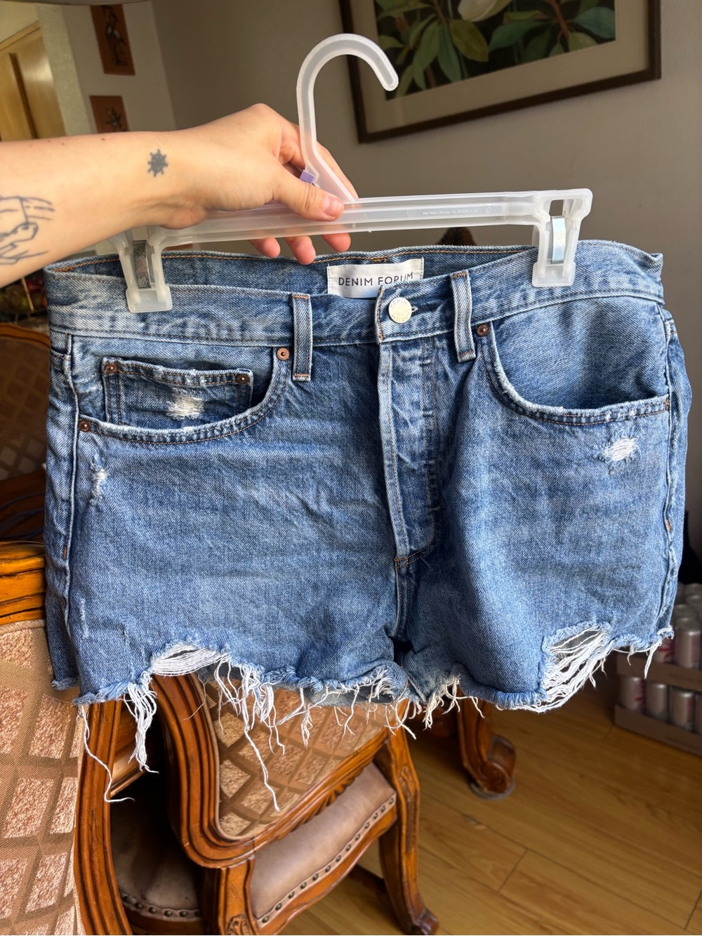 Denim Forum Frayed Hem Light Blue Distressed Jean Shorts